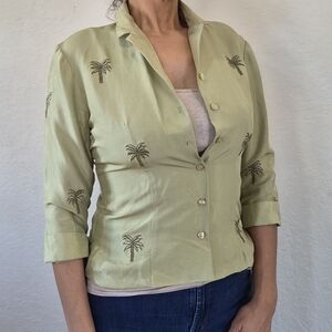 Silkland Embroidery palm trees design Vtg. 100% Slik Button Up, Blouse/Jacket